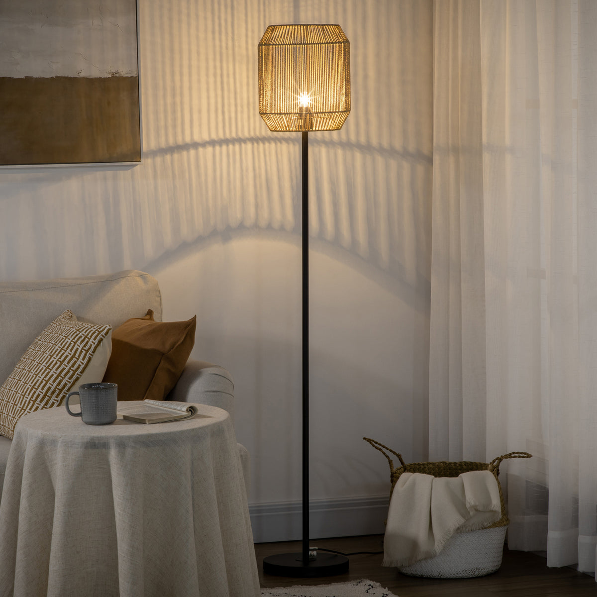 Lampadaire naturel en corde de papier tressée-1