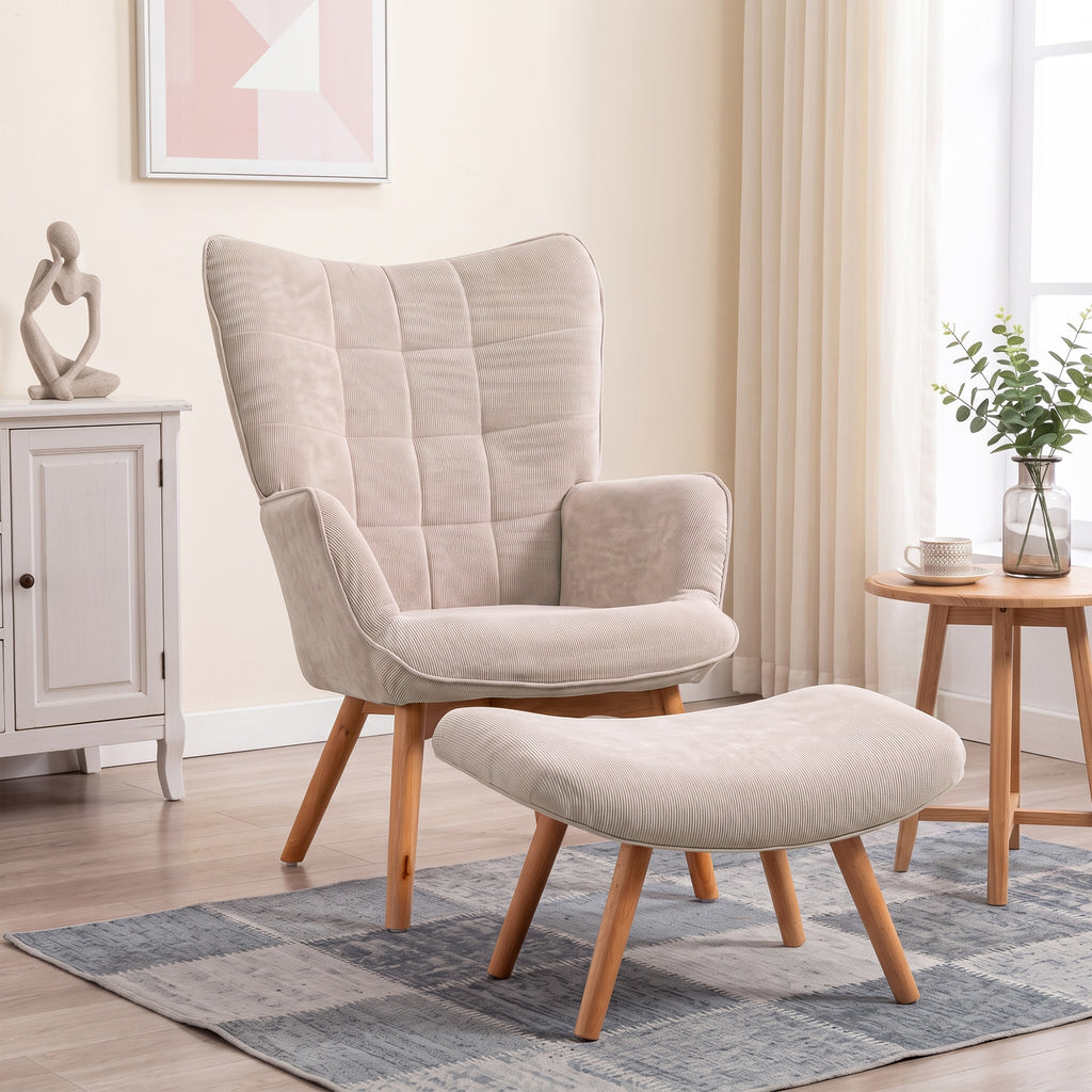 Fauteuil avec repose pied, dossier haut, pieds en bois et tissu aspect velours côtelé, pour salon chambre à coucher beige-1