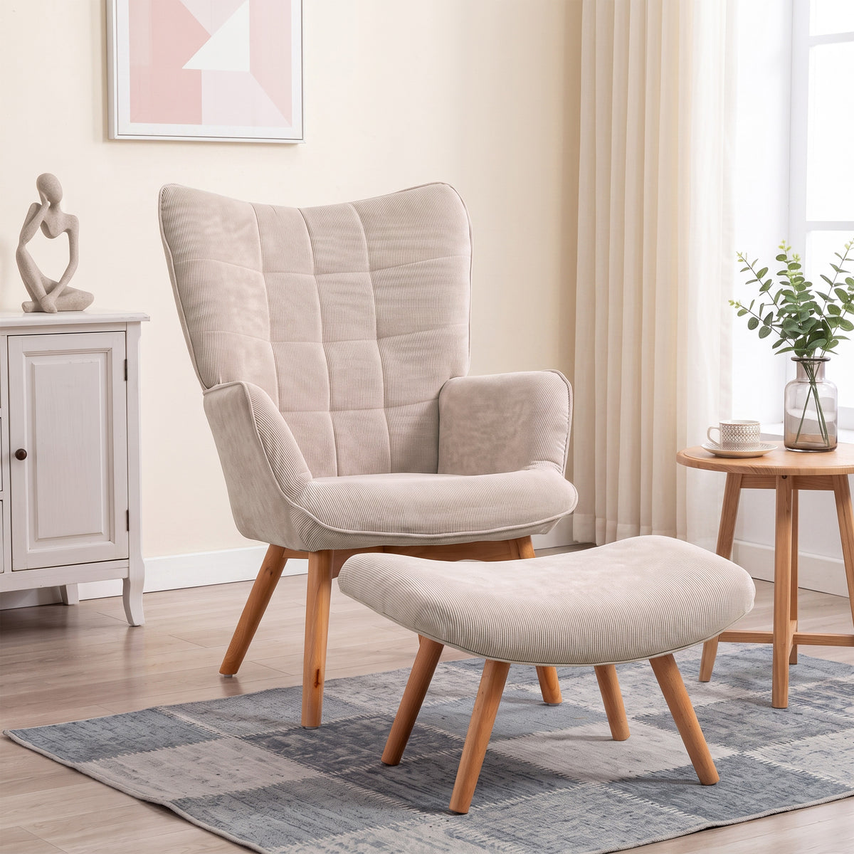 Fauteuil avec repose pied, dossier haut, pieds en bois et tissu aspect velours côtelé, pour salon chambre à coucher beige-1