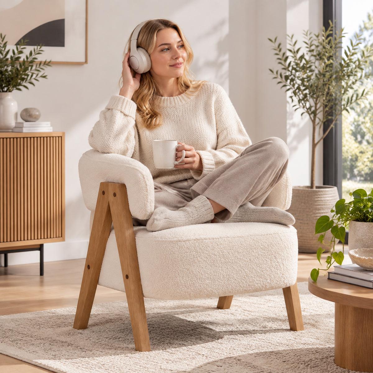 Fauteuil de salon en tissu bouclette blanc et bois – Noéa