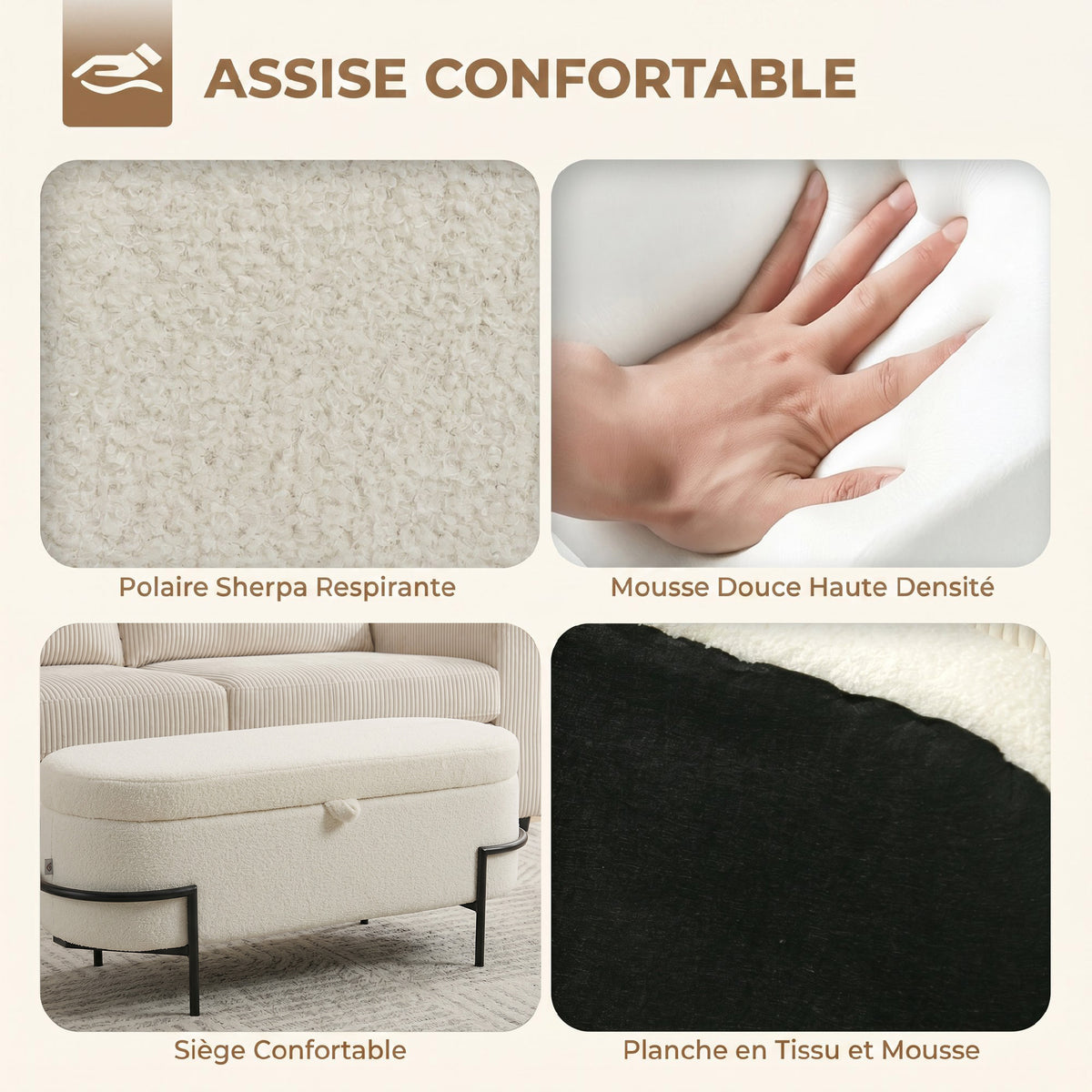 Banc coffre de rangement en tissu bouclette crème – 114,5 cm-5
