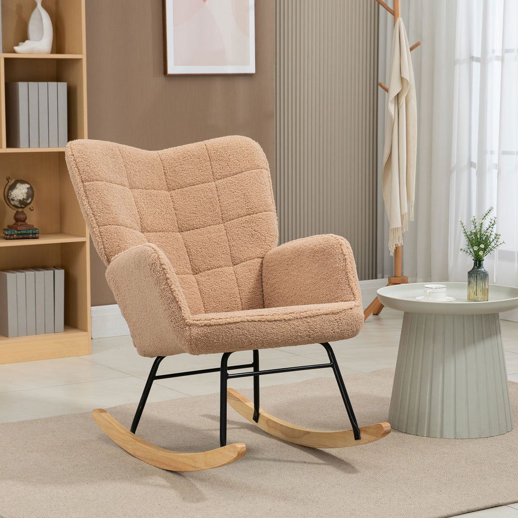 Fauteuil à bascule rocking chair revêtement effet laine bouclée, structure en acier 71 x 98 x 101 cm marron-1