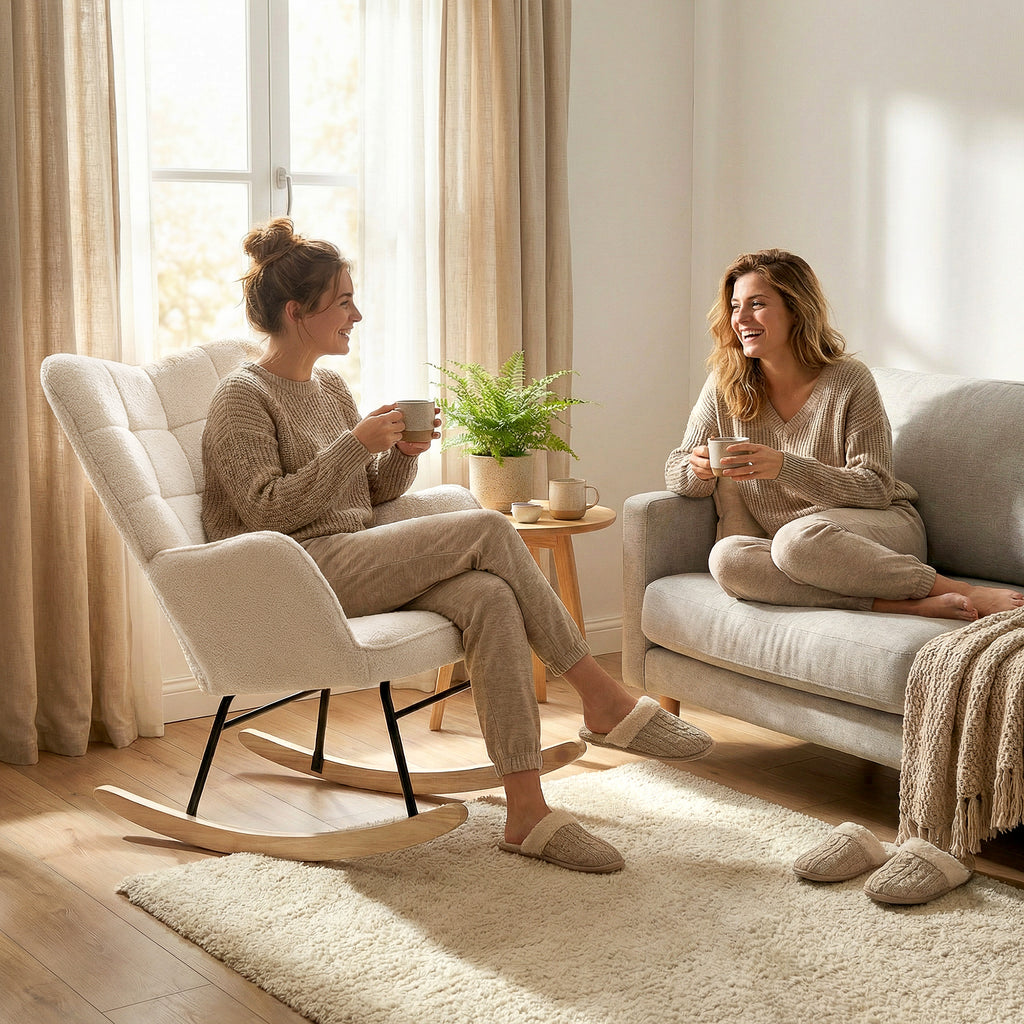 Fauteuil à bascule rocking chair revêtement effet laine bouclée, structure en acier 71 x 98 x 101 cm beige-8