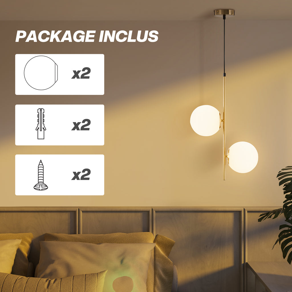 Suspension double globe en verre blanc et métal doré – HOMCOM-6
