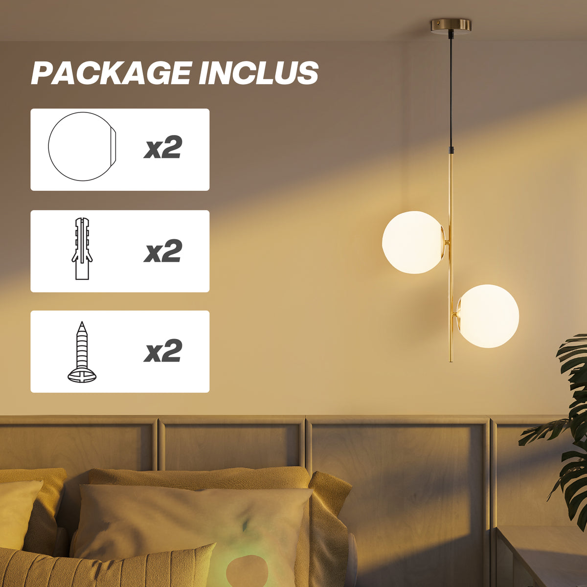 Suspension double globe en verre blanc et métal doré – HOMCOM-6