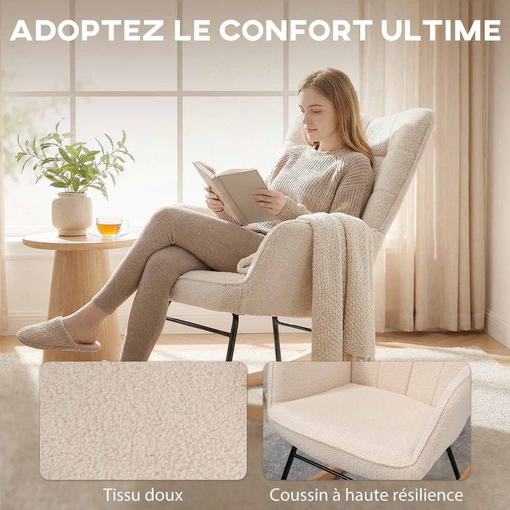 Fauteuil à bascule rocking chair revêtement effet laine bouclée, structure en acier 71 x 98 x 101 cm beige-5