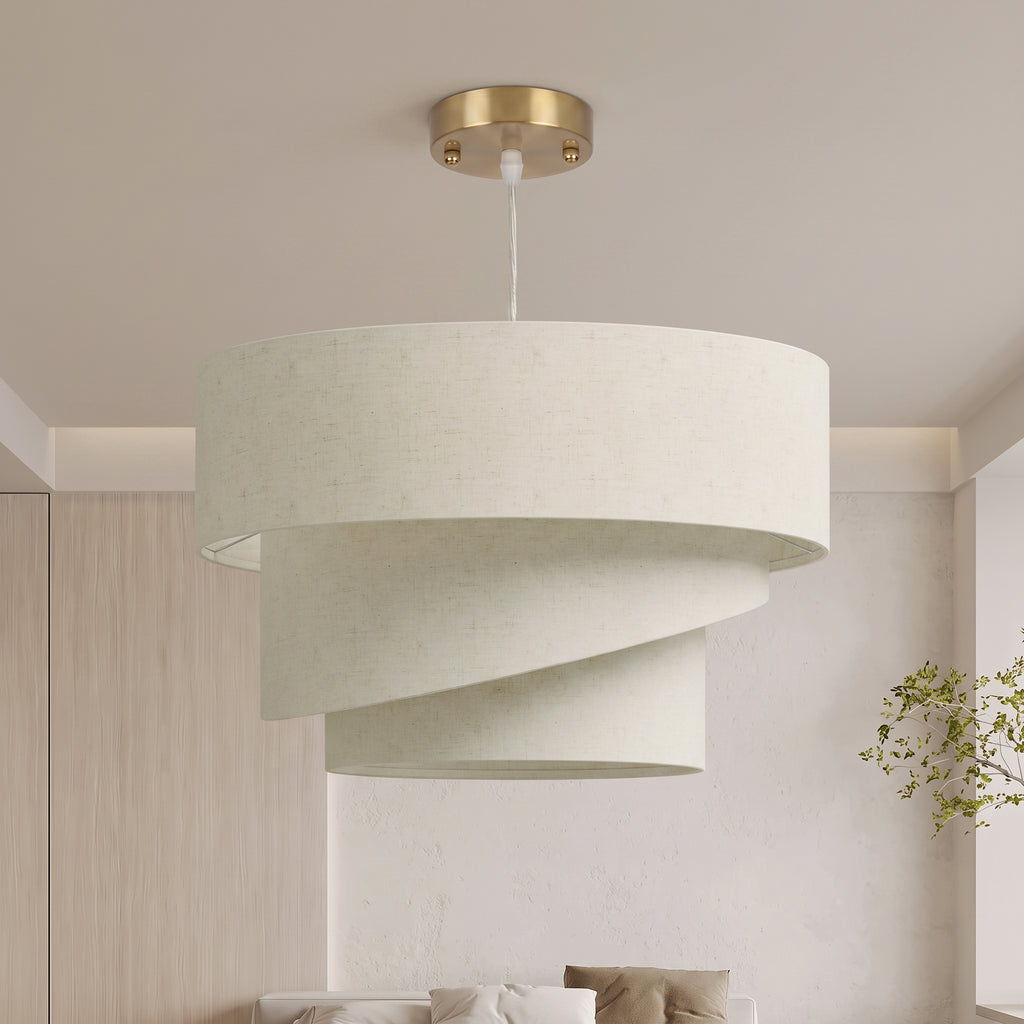Suspension 3 abat-jour effet lin beige et doré – Solène-1