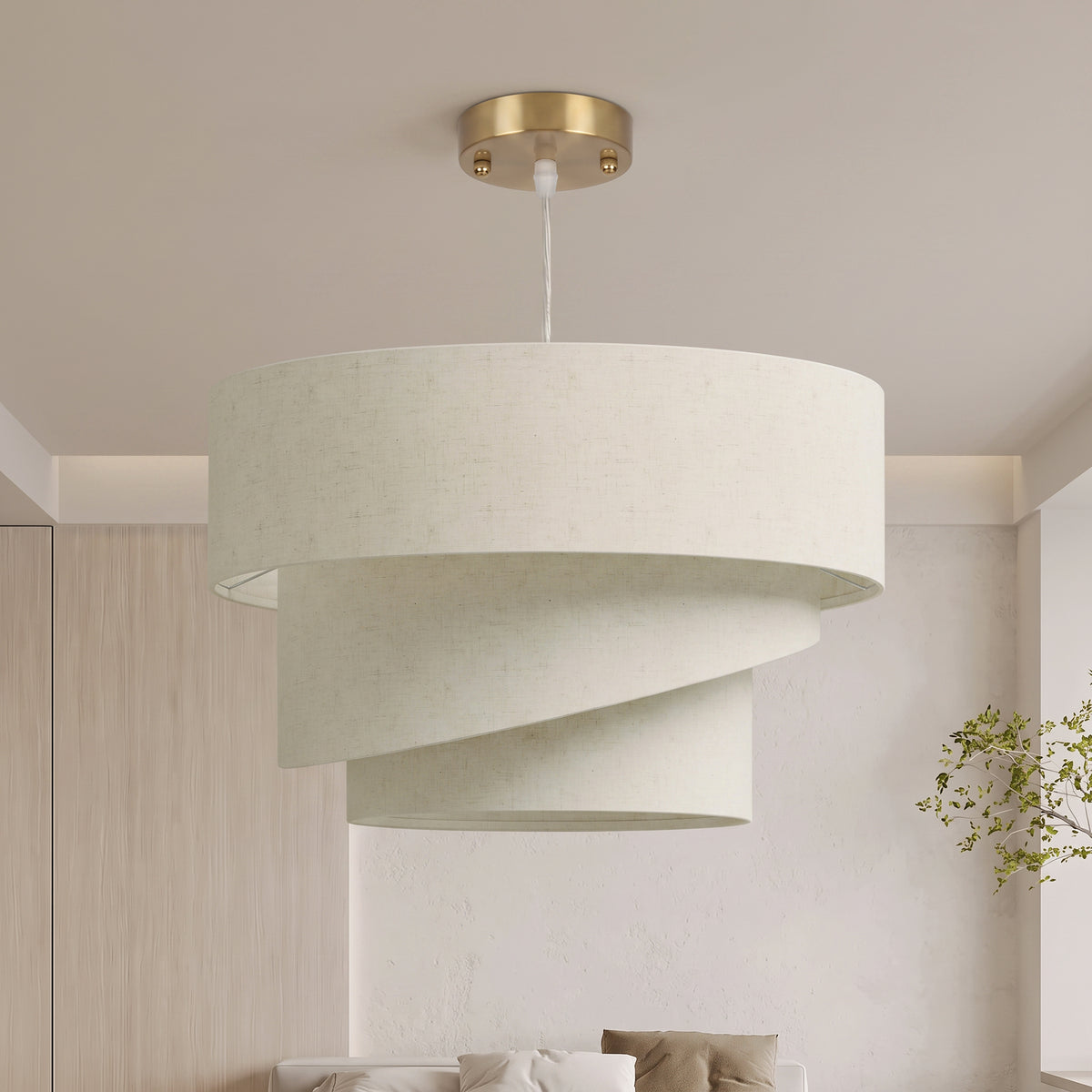Suspension 3 abat-jour effet lin beige et doré – Solène-1