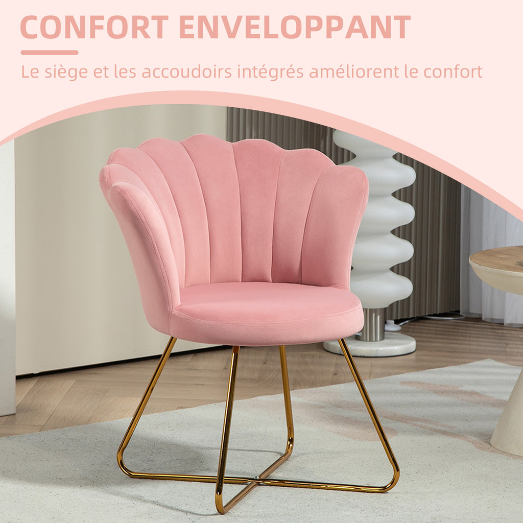 Fauteuil coquillage rose en velours et métal doré-3