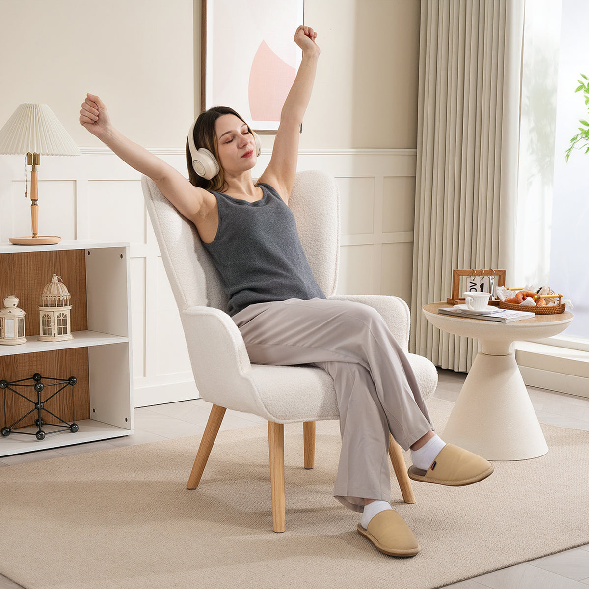 Fauteuil bouclette capitonné blanc crème – Isla