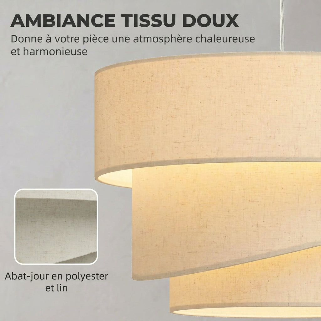 Suspension 3 abat-jour effet lin beige et doré – Solène-6