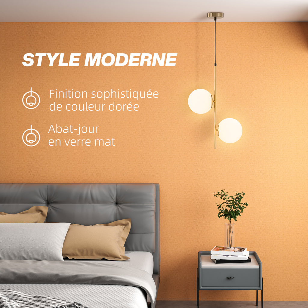 Suspension double globe en verre blanc et métal doré – HOMCOM-3