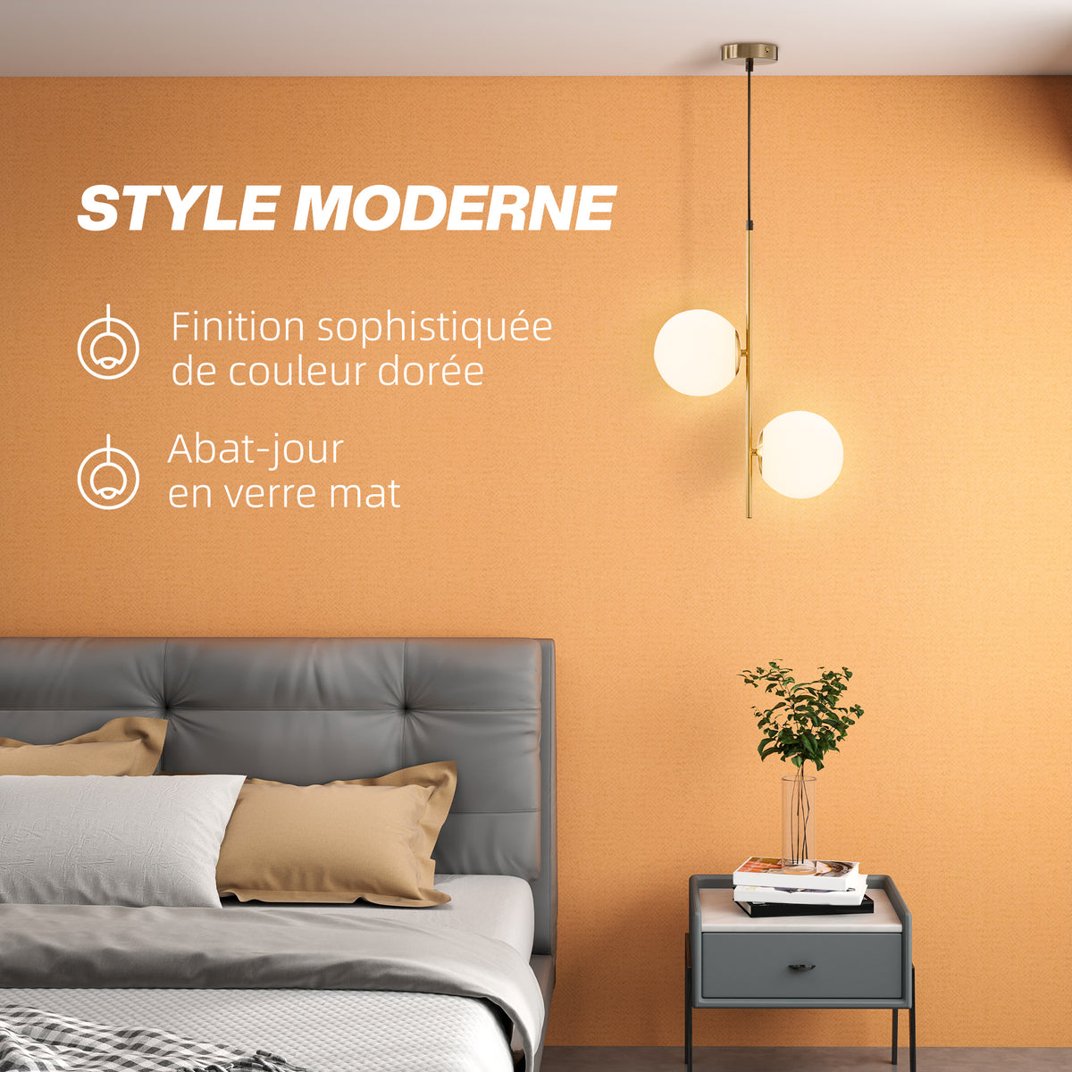 Suspension double globe en verre blanc et métal doré – HOMCOM-3