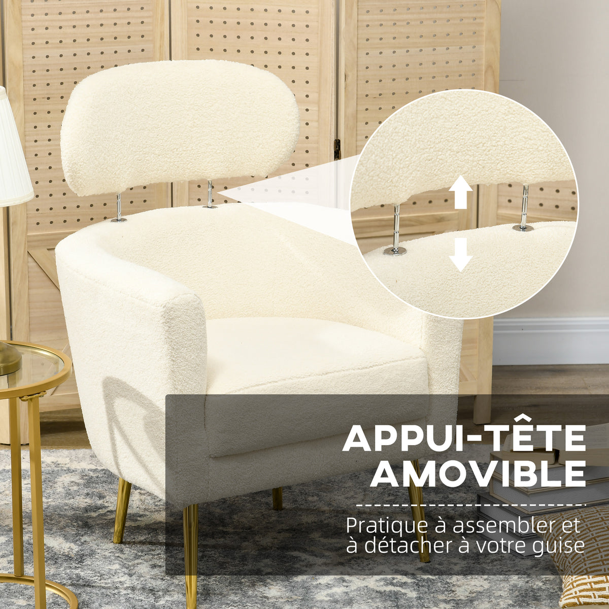 Fauteuil teddy crème et doré – Livia-3