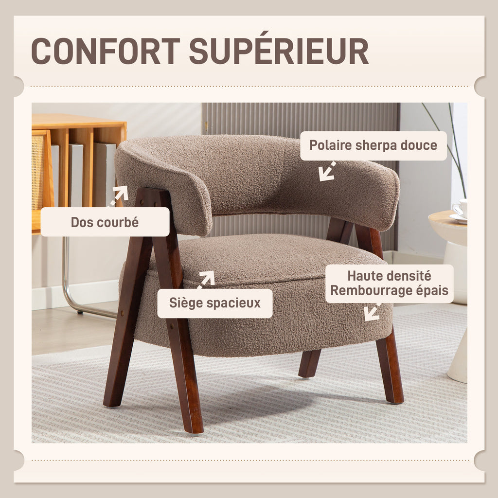 Fauteuil de salon en tissu bouclette marron et bois – Noéa