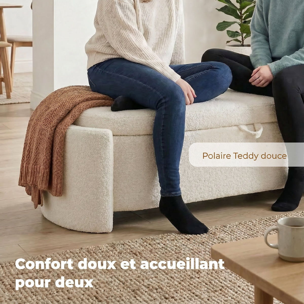 Banc coffre bout de lit en tissu Teddy crème – 129 cm-3