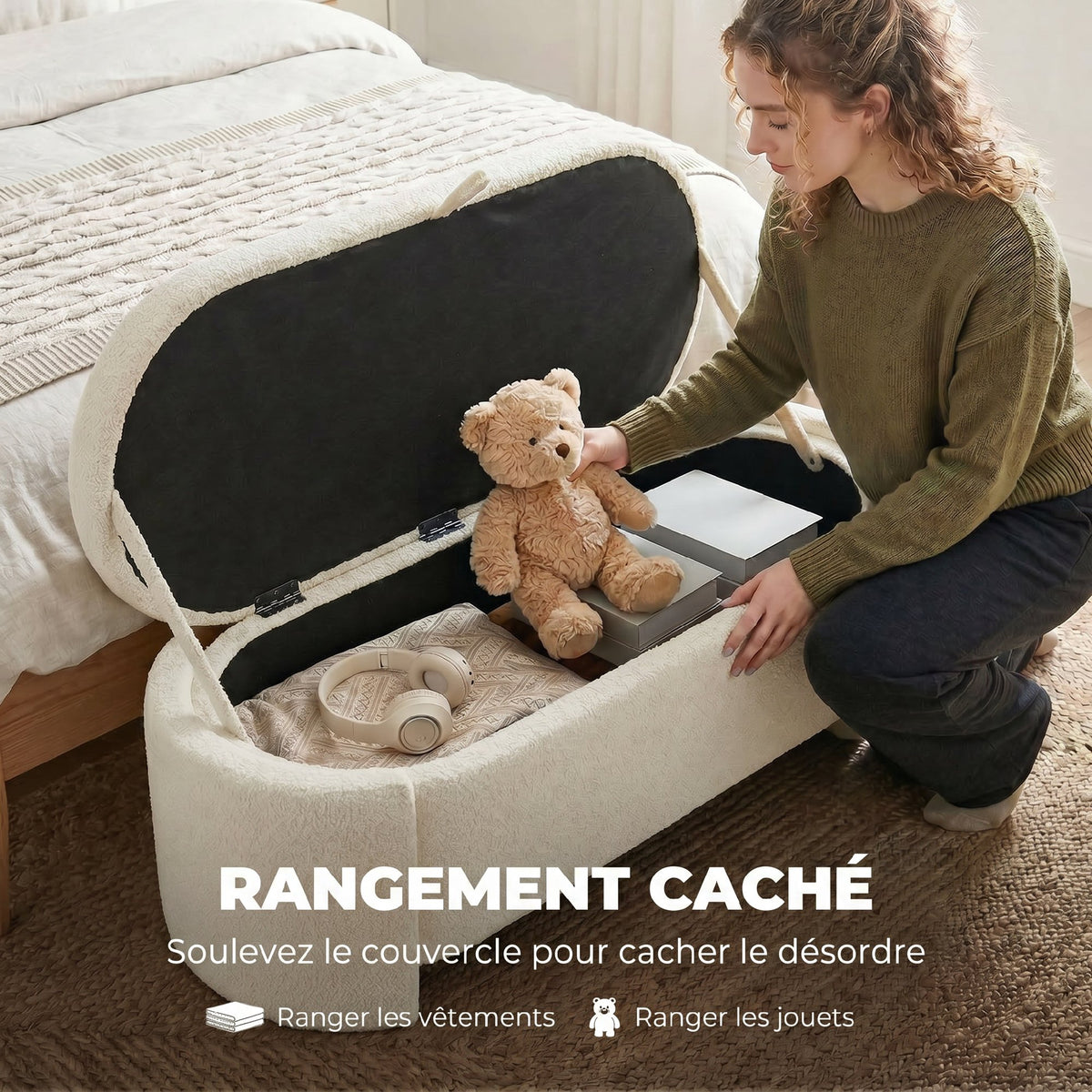 Banc coffre bout de lit en tissu Teddy crème – 129 cm-4