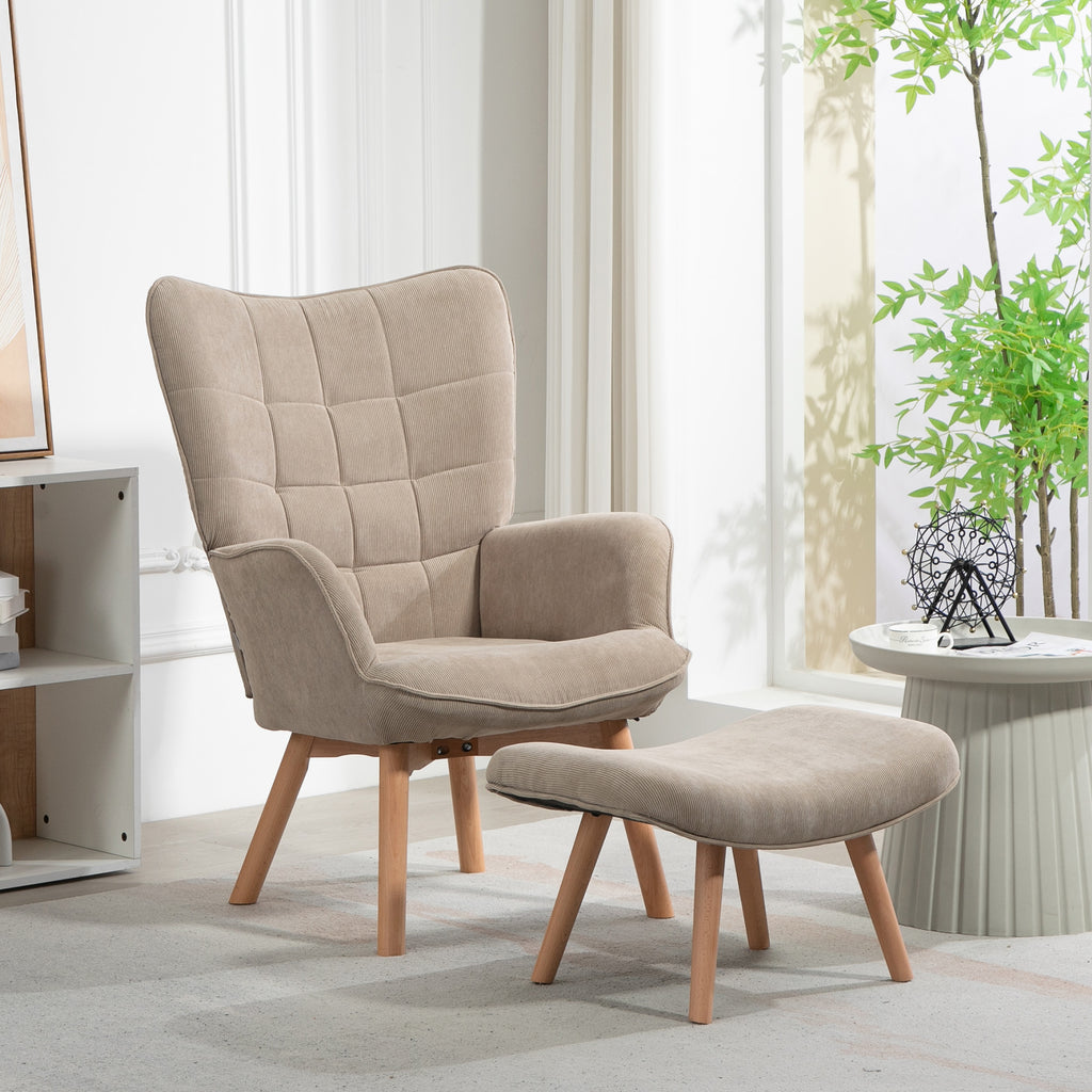 Fauteuil avec repose-pieds en velours côtelé marron clair – Alba