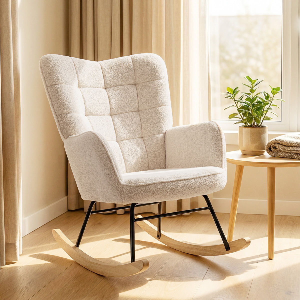 Fauteuil à bascule rocking chair revêtement effet laine bouclée, structure en acier 71 x 98 x 101 cm beige-1