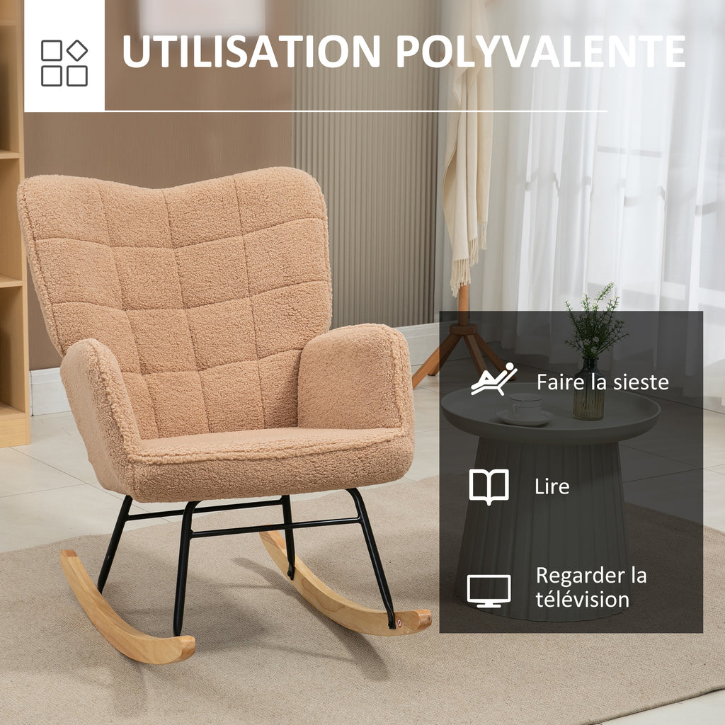 Fauteuil à bascule rocking chair revêtement effet laine bouclée, structure en acier 71 x 98 x 101 cm marron-5