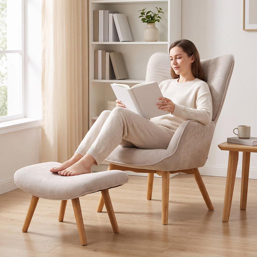 Fauteuil avec repose pied, dossier haut, pieds en bois et tissu aspect velours côtelé, pour salon chambre à coucher beige-8