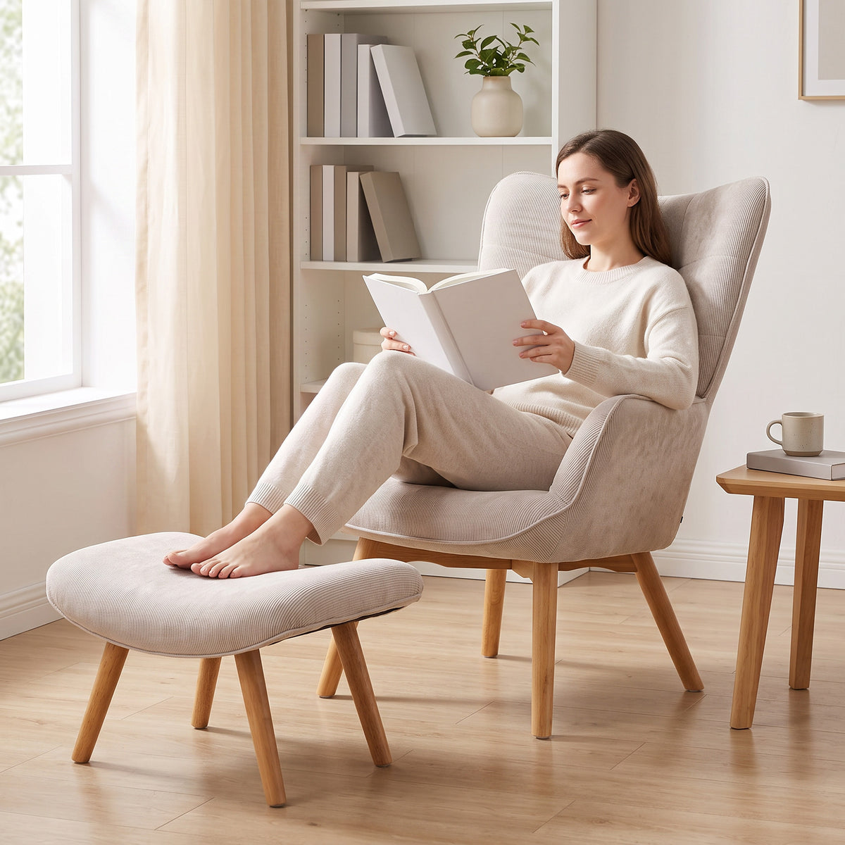 Fauteuil avec repose pied, dossier haut, pieds en bois et tissu aspect velours côtelé, pour salon chambre à coucher beige-8