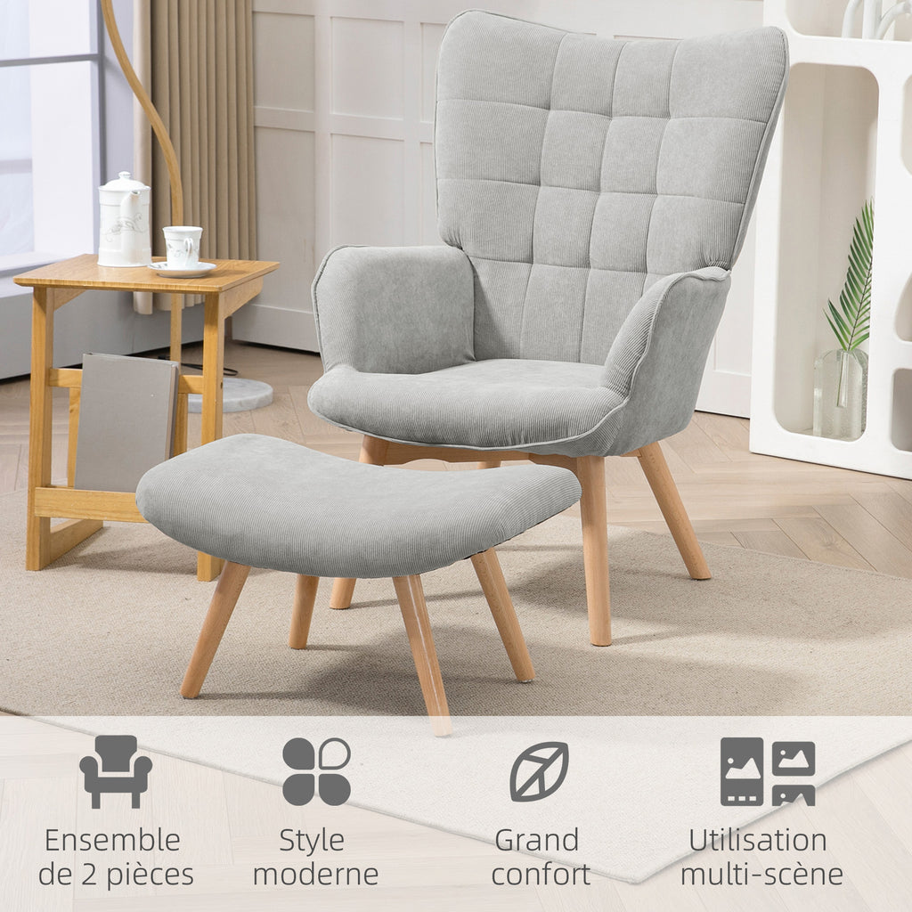 Fauteuil relax gris avec repose-pieds en velours côtelé - Alba