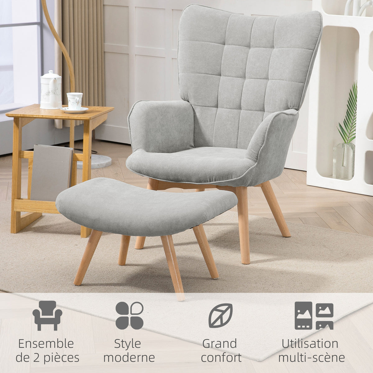Fauteuil relax gris avec repose-pieds en velours côtelé - Alba