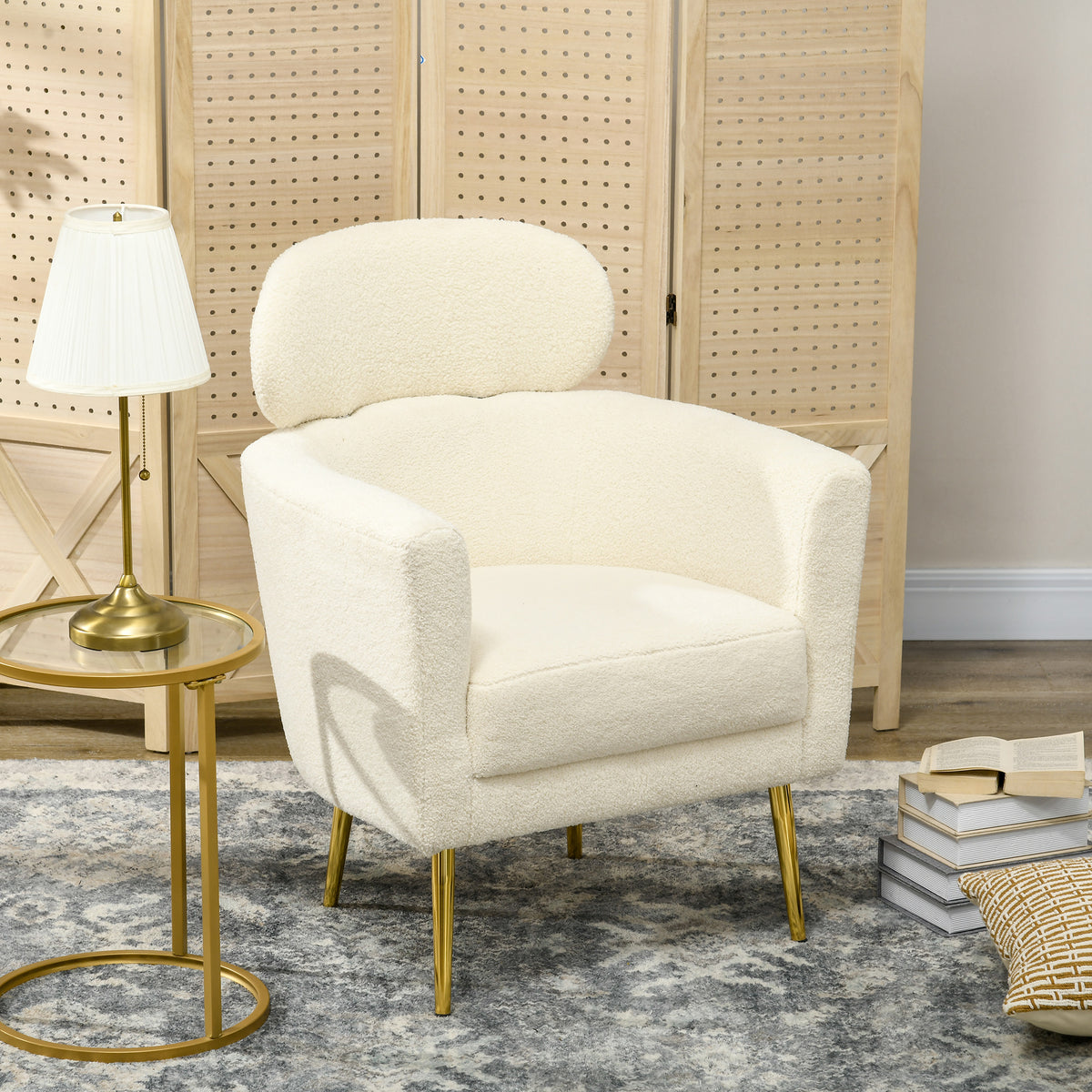 Fauteuil teddy crème et doré – Livia-1