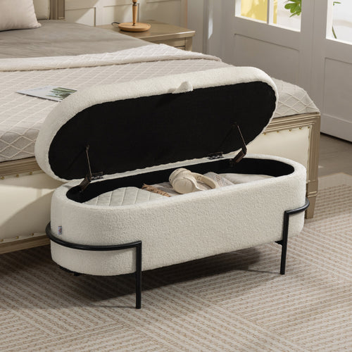 Banc coffre de rangement en tissu bouclette crème – 114,5 cm-1