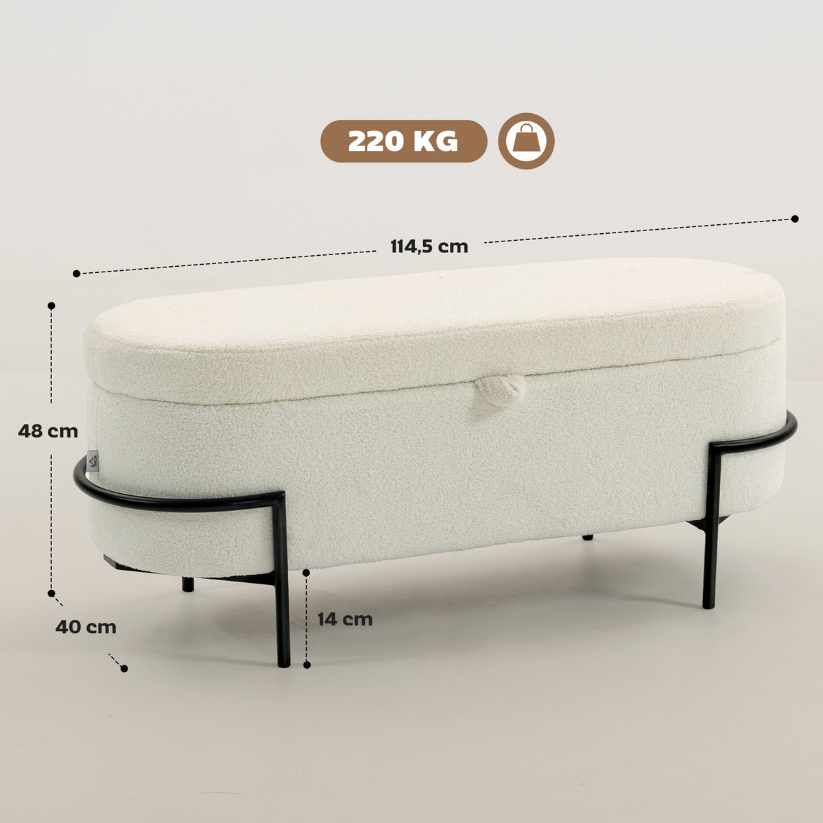 Banc coffre de rangement en tissu bouclette crème – 114,5 cm-2