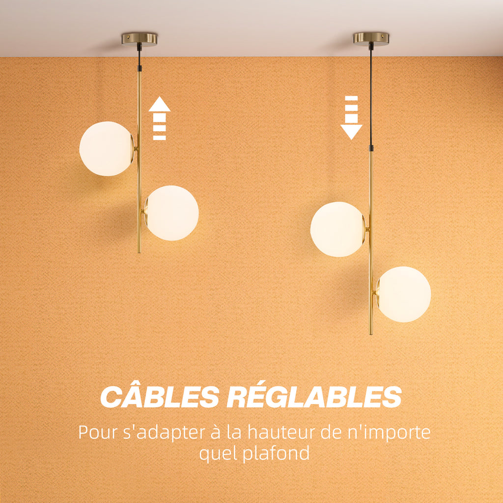 Suspension double globe en verre blanc et métal doré – HOMCOM-4