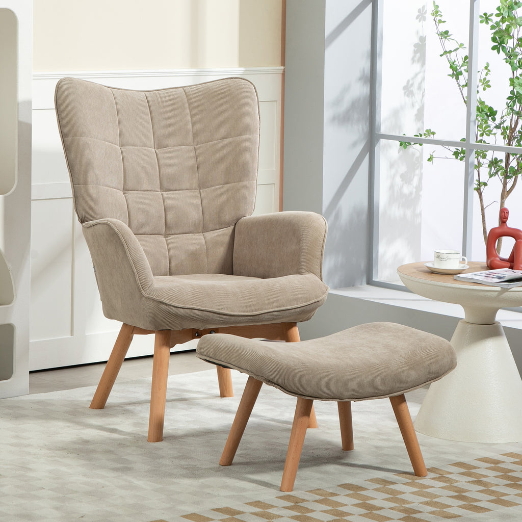 Fauteuil avec repose-pieds en velours côtelé marron clair – Alba