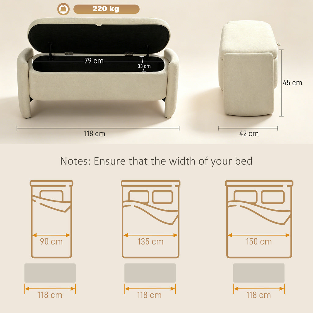 Banc coffre bout de lit en tissu bouclette crème-2