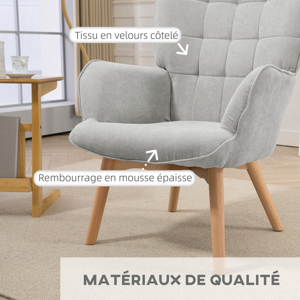 Fauteuil relax gris avec repose-pieds en velours côtelé - Alba