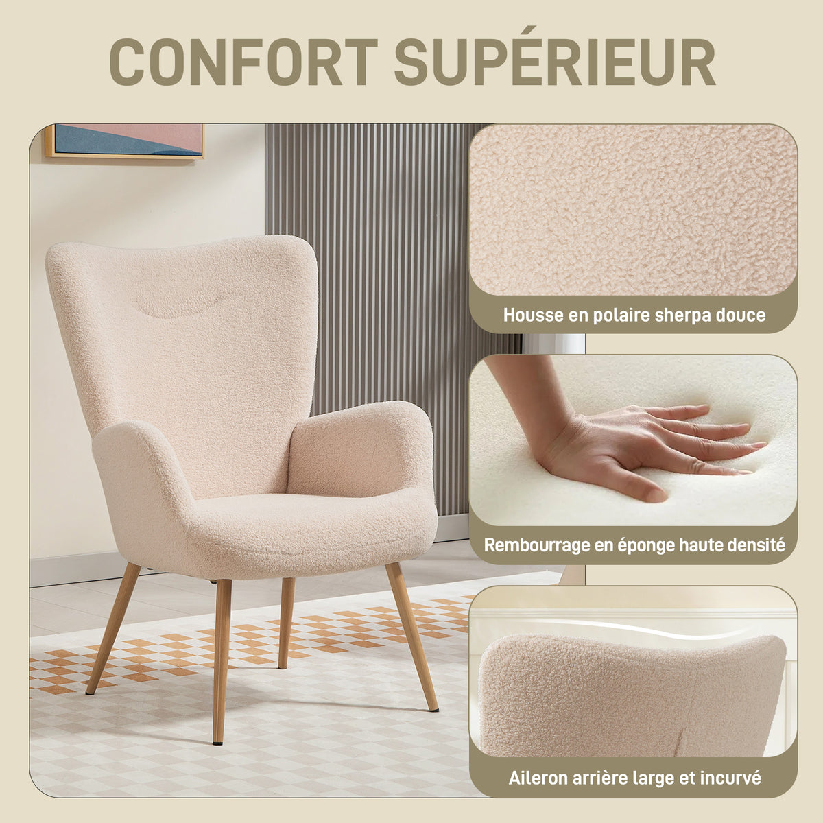 Fauteuil de salon en tissu bouclette beige-3