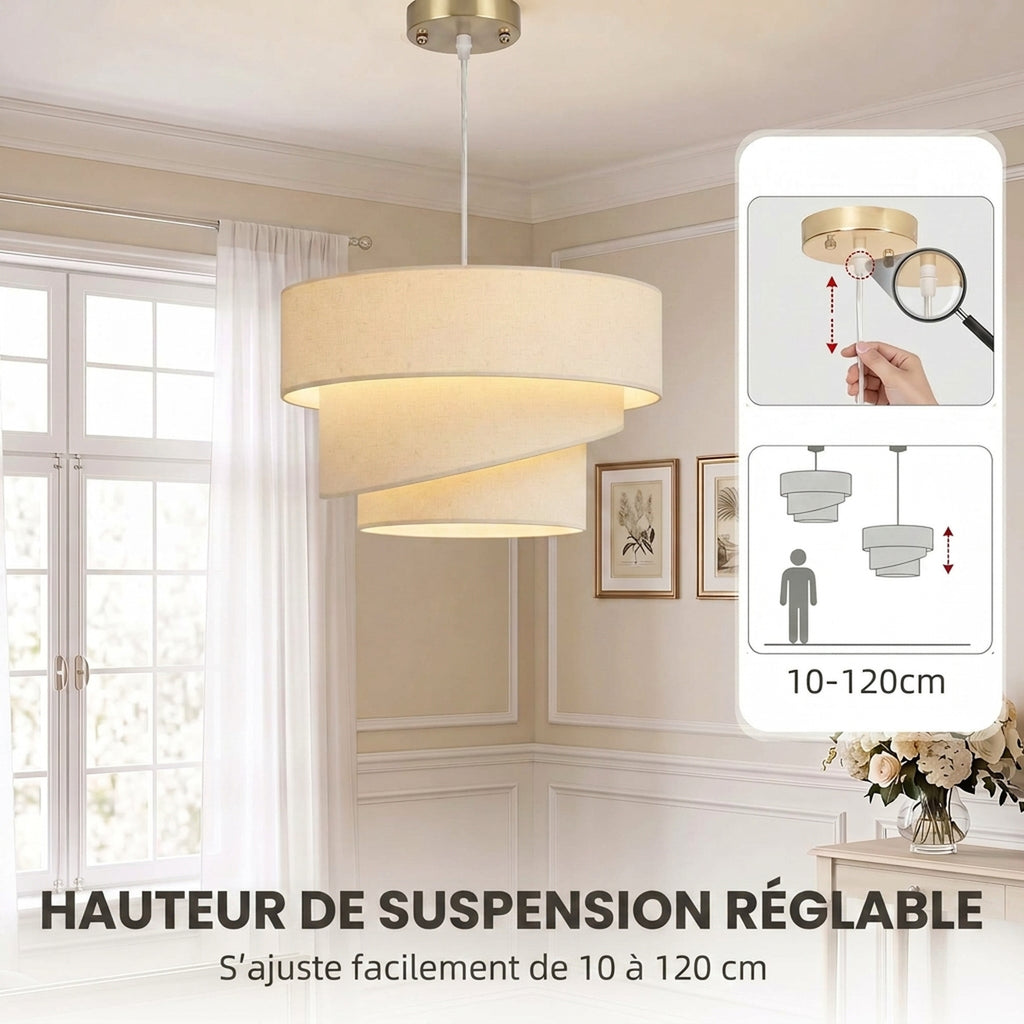 Suspension 3 abat-jour effet lin beige et doré – Solène-5