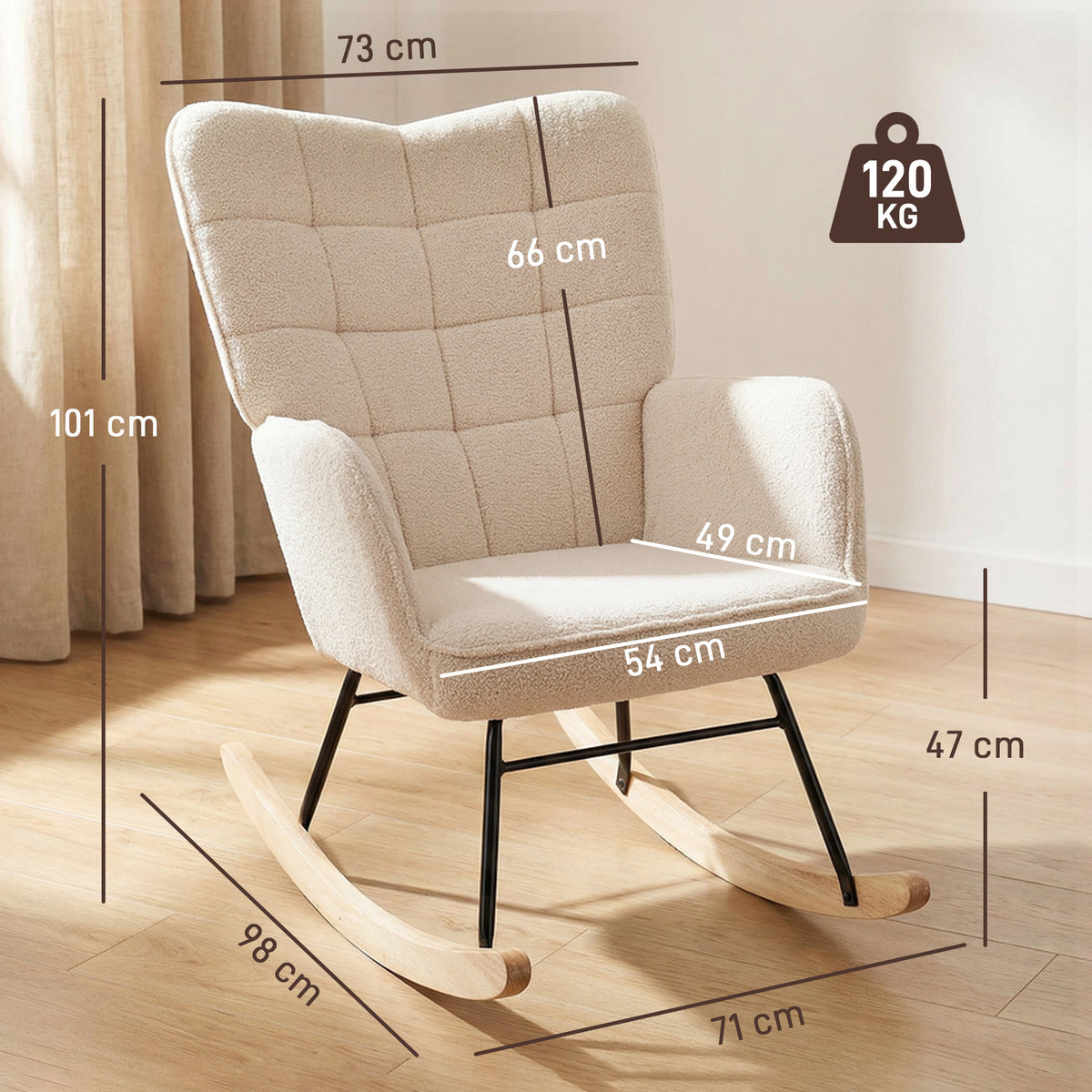 Fauteuil à bascule rocking chair revêtement effet laine bouclée, structure en acier 71 x 98 x 101 cm beige-2
