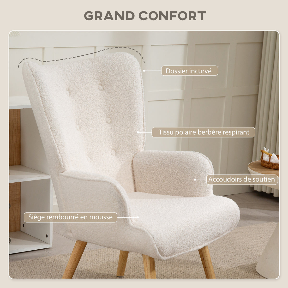 Fauteuil bouclette capitonné blanc crème – Isla