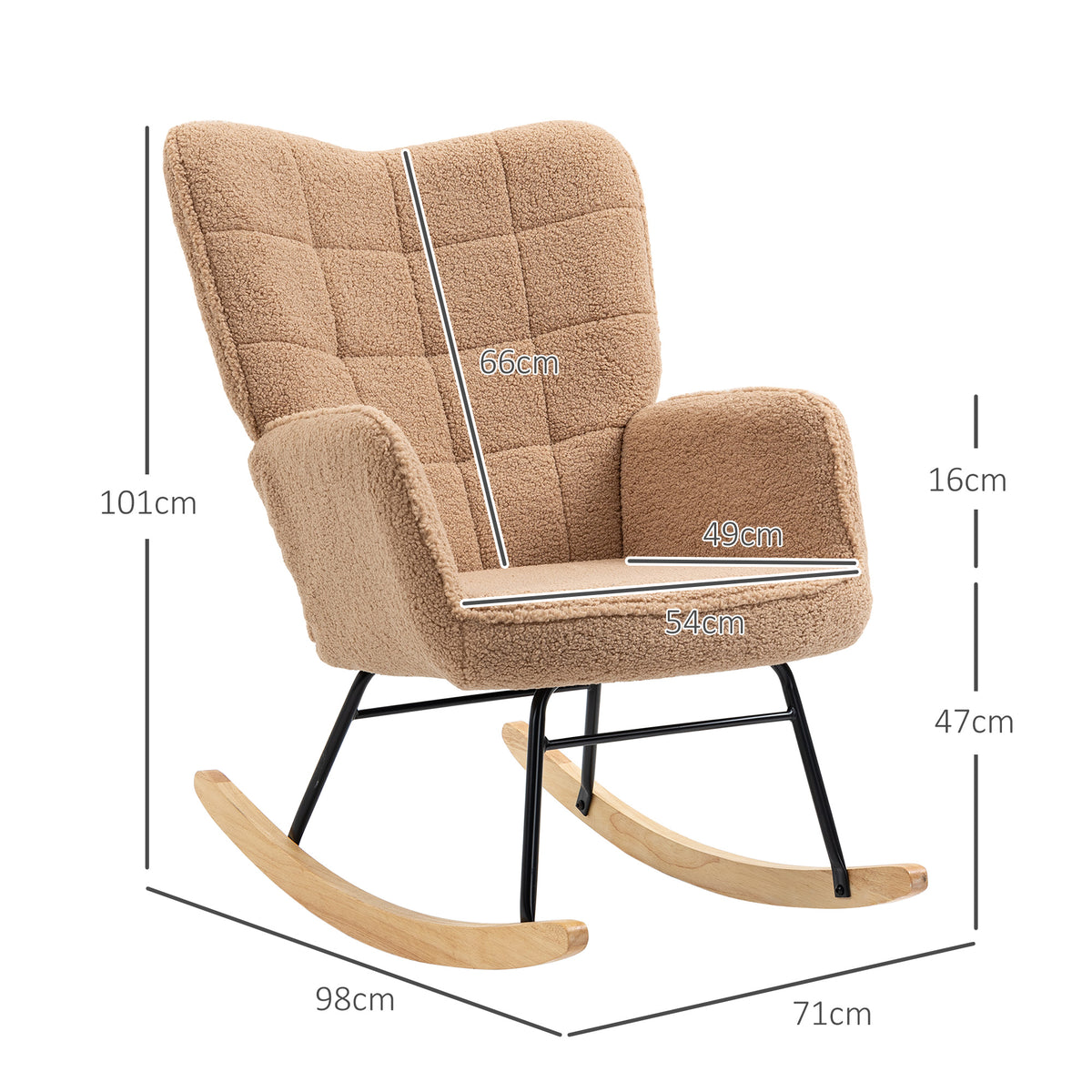 Fauteuil à bascule rocking chair revêtement effet laine bouclée, structure en acier 71 x 98 x 101 cm marron-2