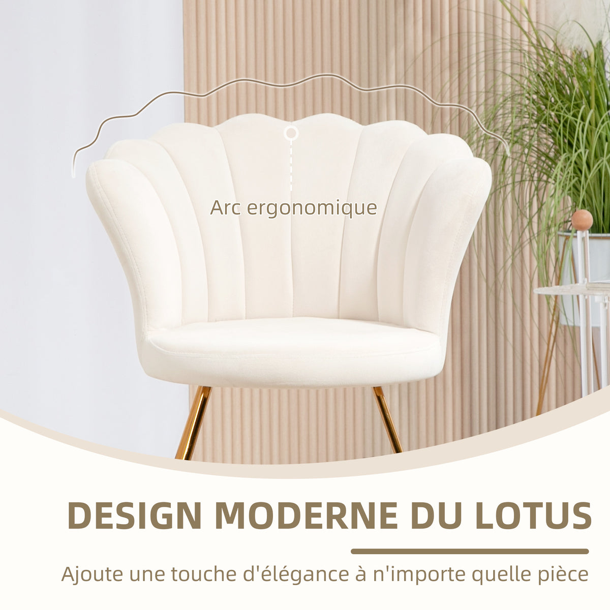 Fauteuil coquillage blanc crème et doré – Élina