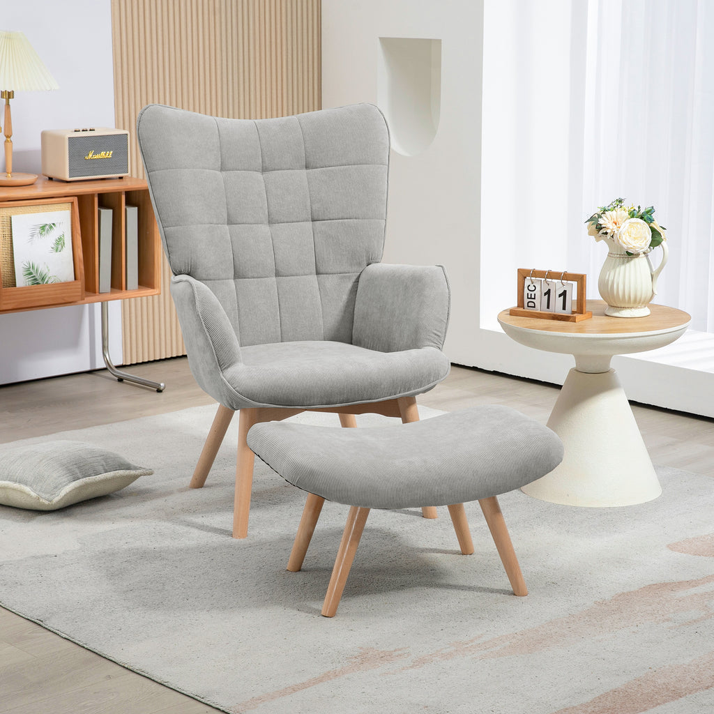 Fauteuil relax gris avec repose-pieds en velours côtelé - Alba