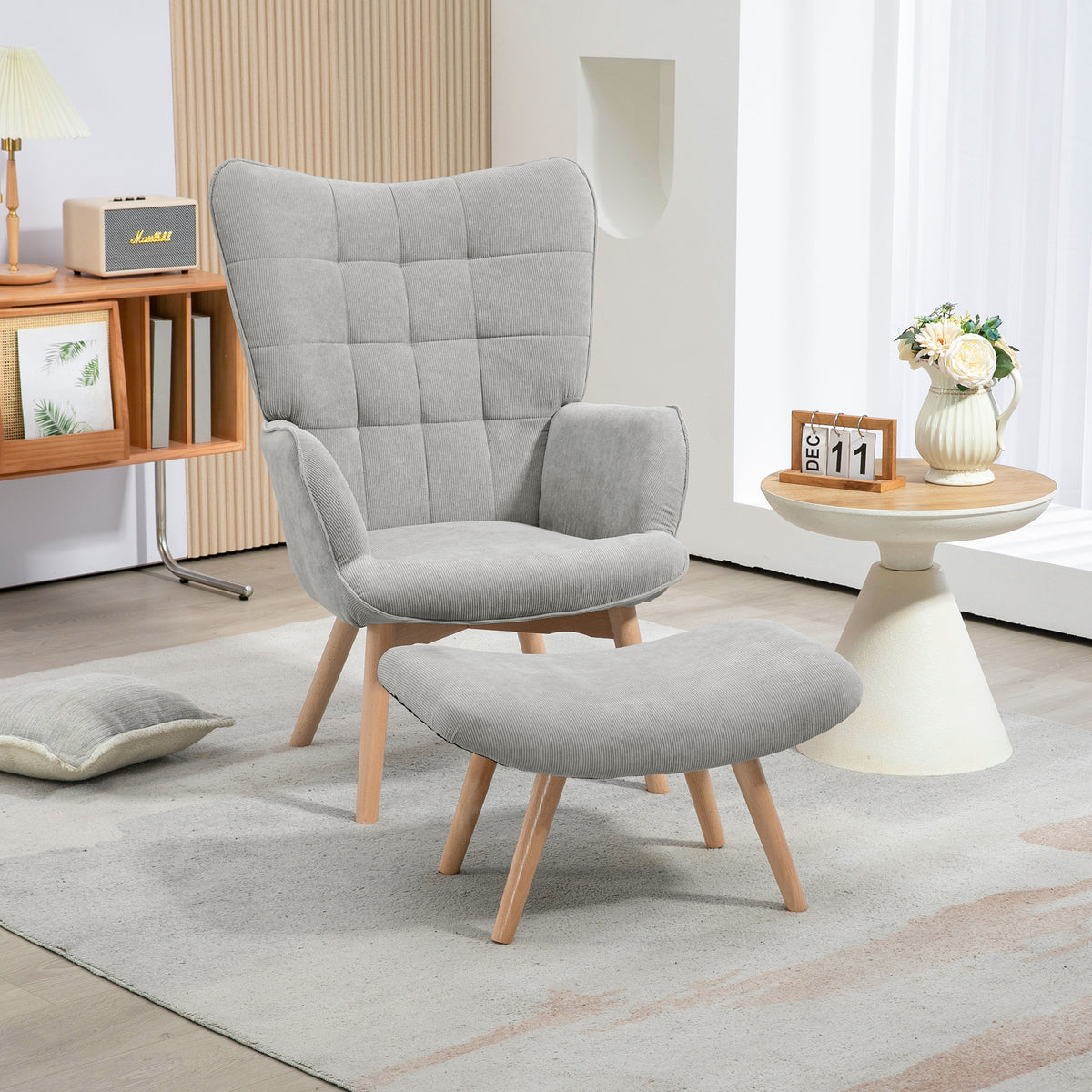 Fauteuil relax gris avec repose-pieds en velours côtelé - Alba