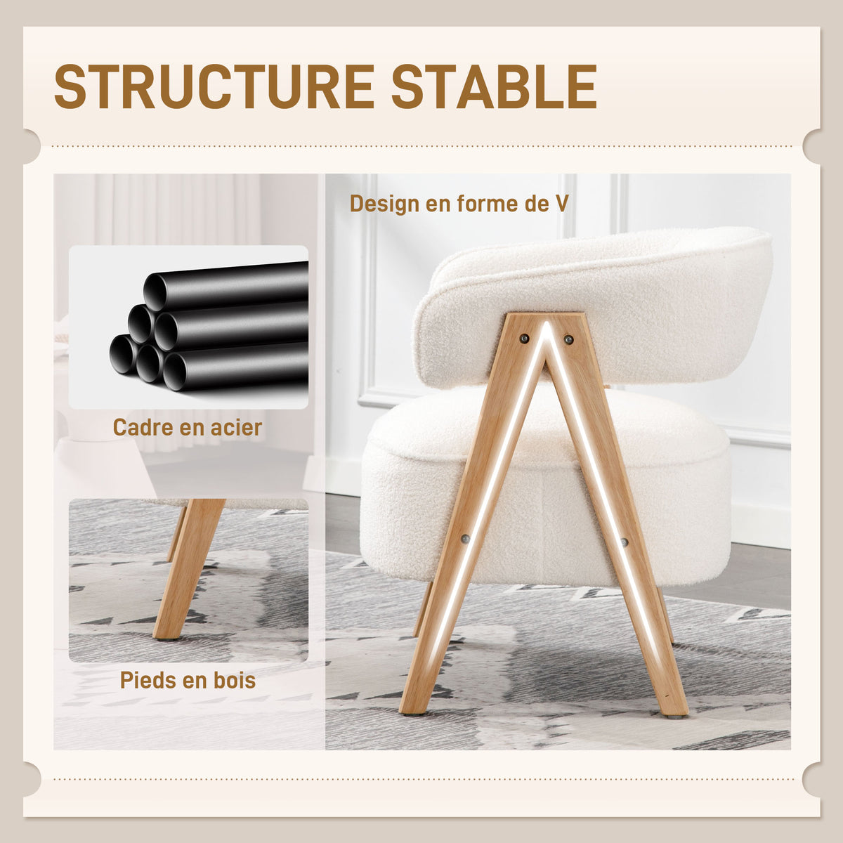 Fauteuil de salon en tissu bouclette blanc et bois – Noéa