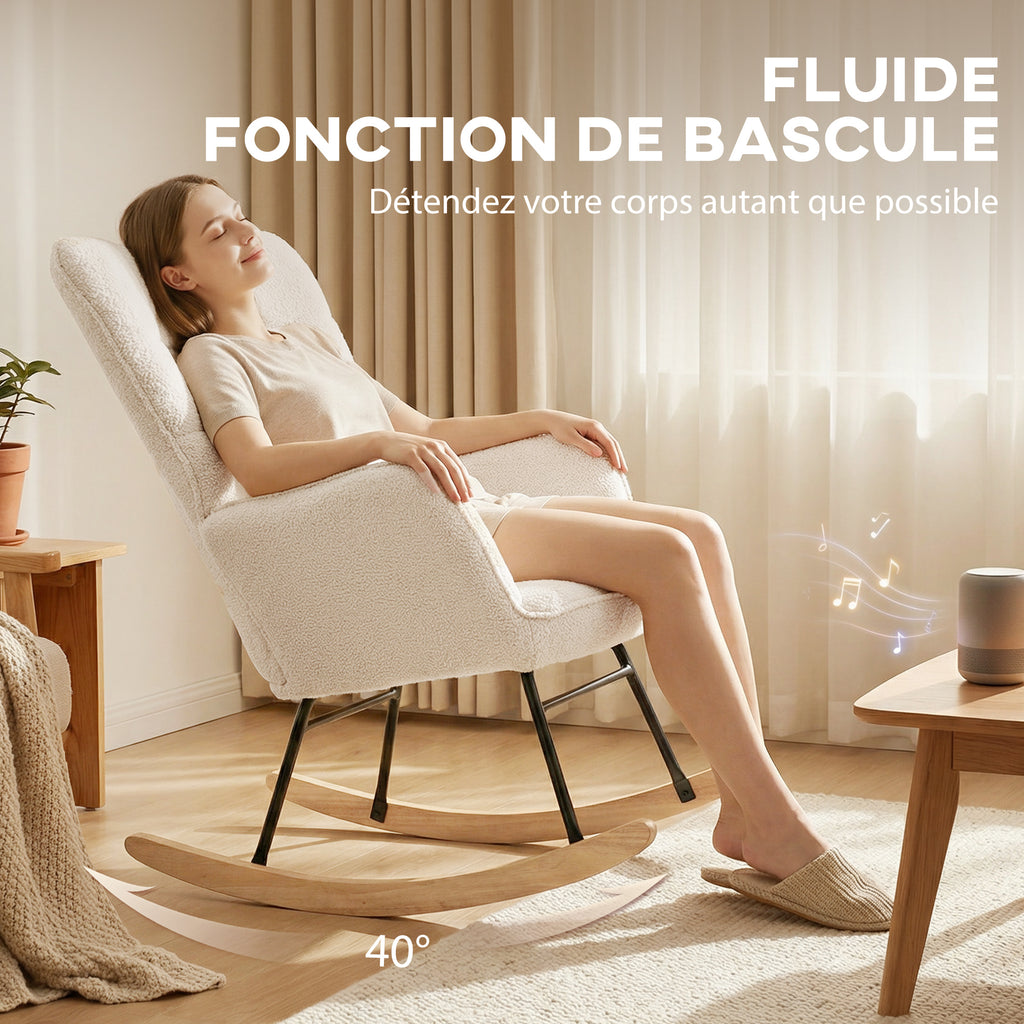 Fauteuil à bascule rocking chair revêtement effet laine bouclée, structure en acier 71 x 98 x 101 cm beige-3