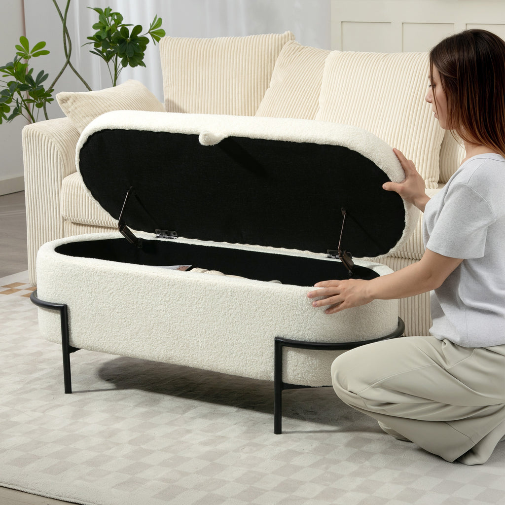 Banc coffre de rangement en tissu bouclette crème – 114,5 cm-7