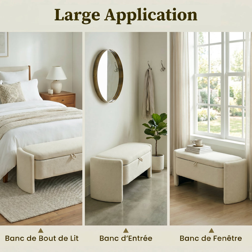 Banc coffre bout de lit en tissu bouclette crème-5