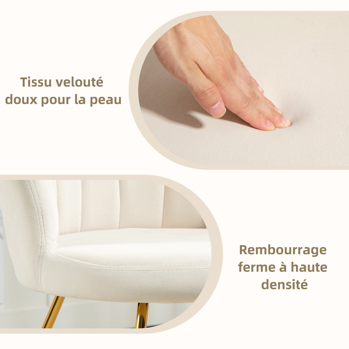 Fauteuil coquillage blanc crème et doré – Élina