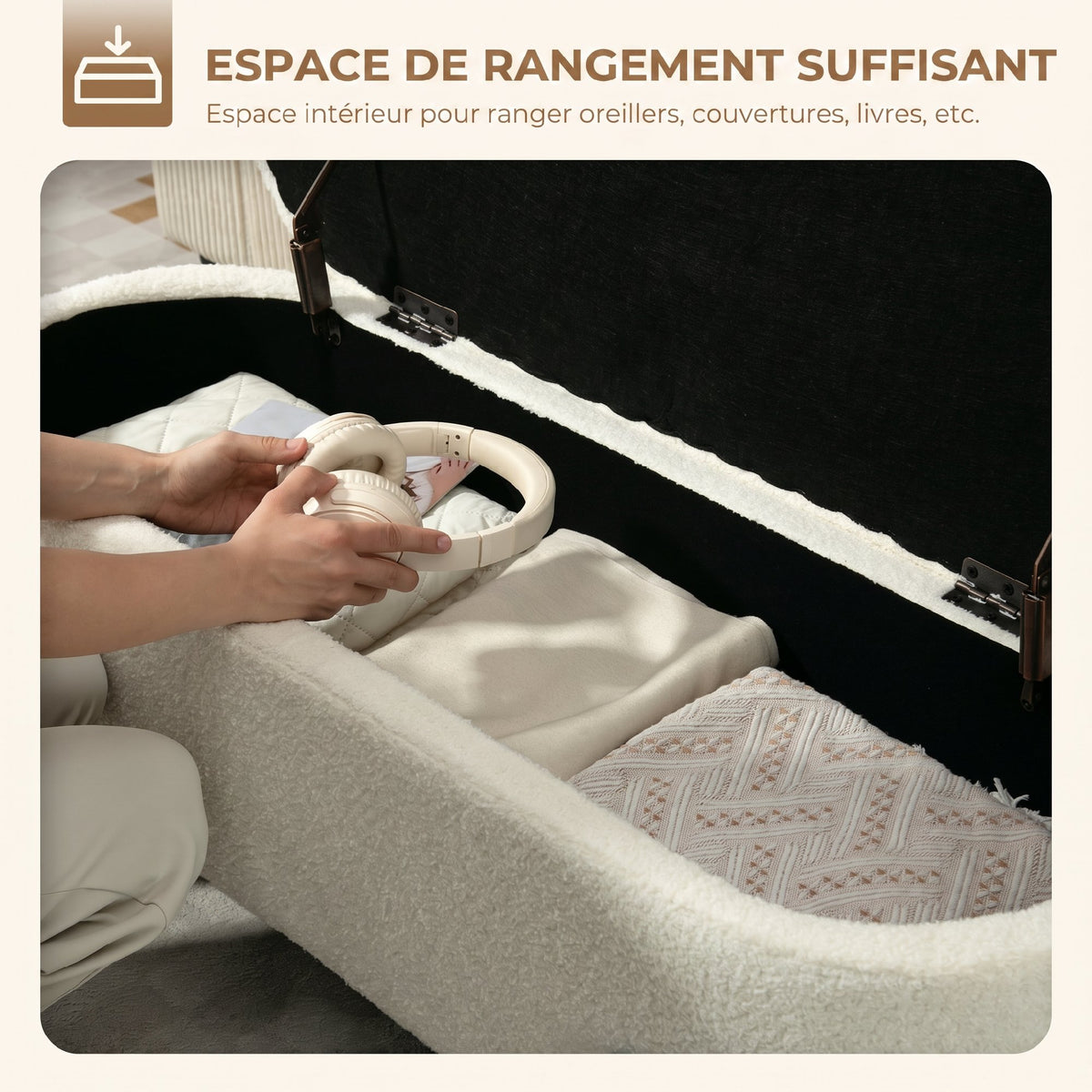 Banc coffre de rangement en tissu bouclette crème – 114,5 cm-3