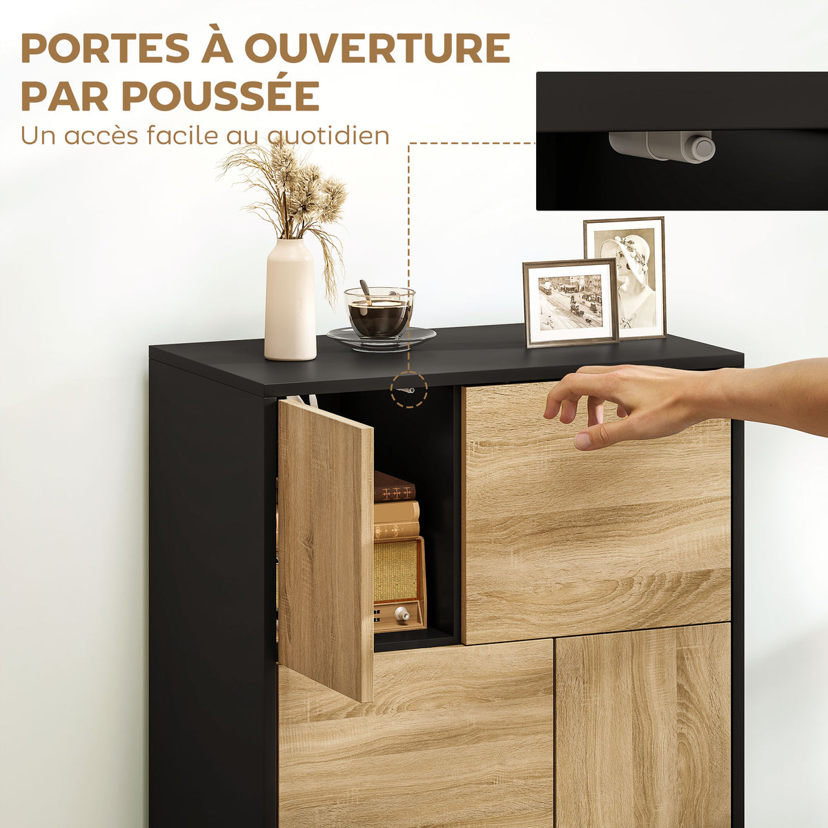 Buffet compact bois naturel et noir – 4 compartiments-6